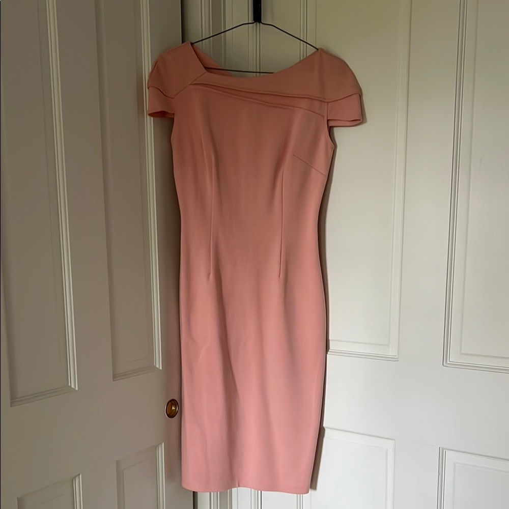 Pink Sheath Midi Dress with Cap Sleeves and Bateau Neckline